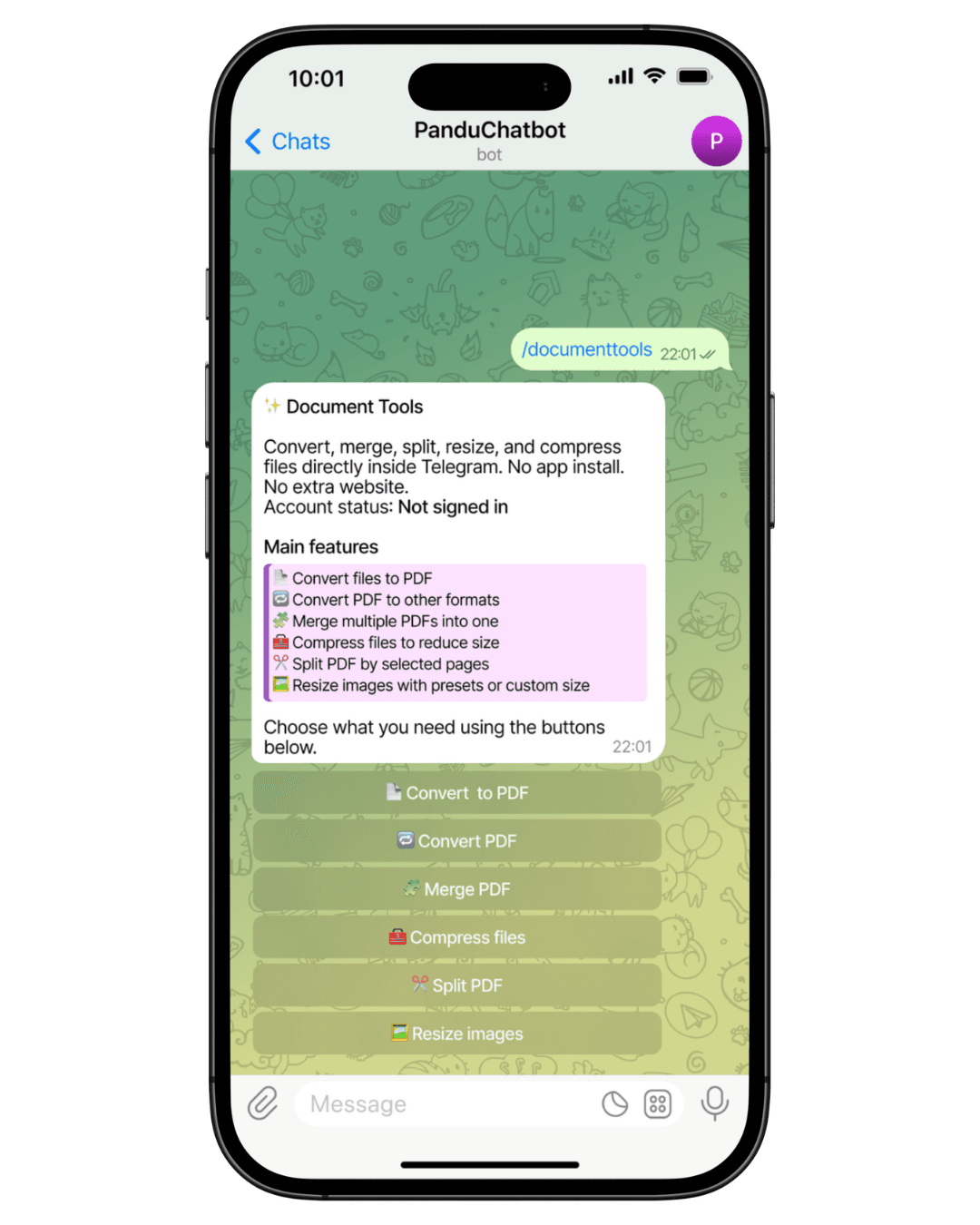 Document Tools automation inside Telegram for file conversion and PDF workflow