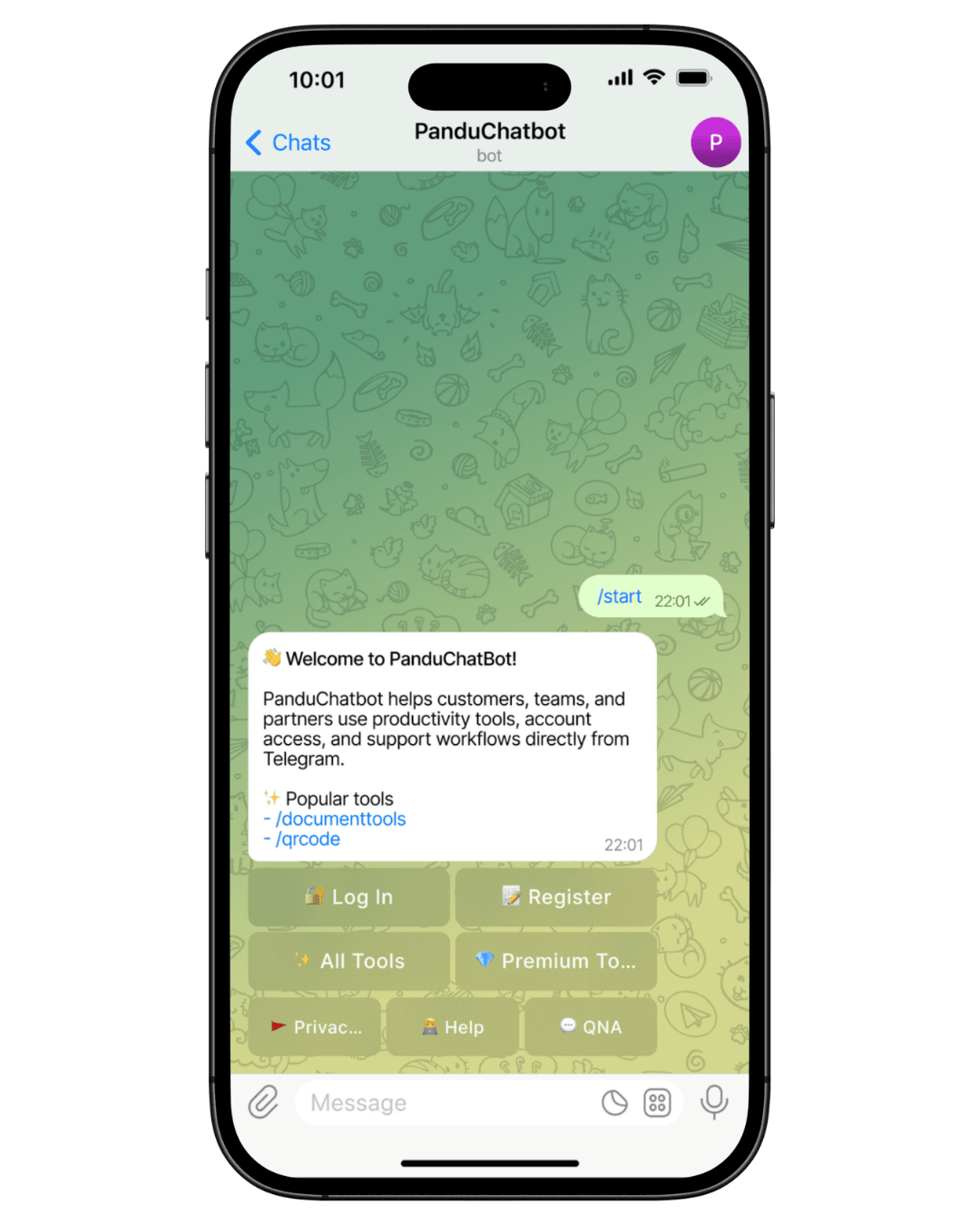 Pandu Hindrata Telegram Bot Automation System start menu and PanduChatbot business automation interface
